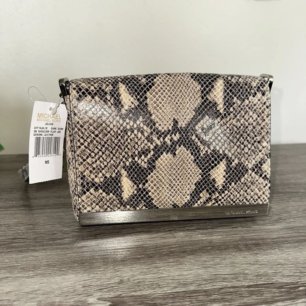 Michael Kors Julian Snake Print Leather Dark‎ Sand Shoulder Flap Brand New